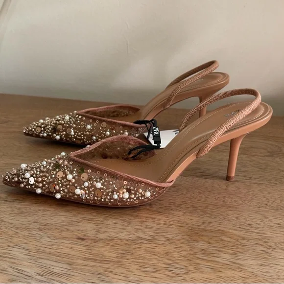 Zara Women's Beaded Nude Slingback Heels - Picture 2 of 9